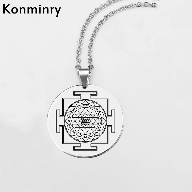 Konminry Sri Yantra ожерелье из нержавеющей стали Мандала Священная Геометрическая круглая жемчужина Ом медитировать Серебряная цепочка новое поступление - Окраска металла: 1