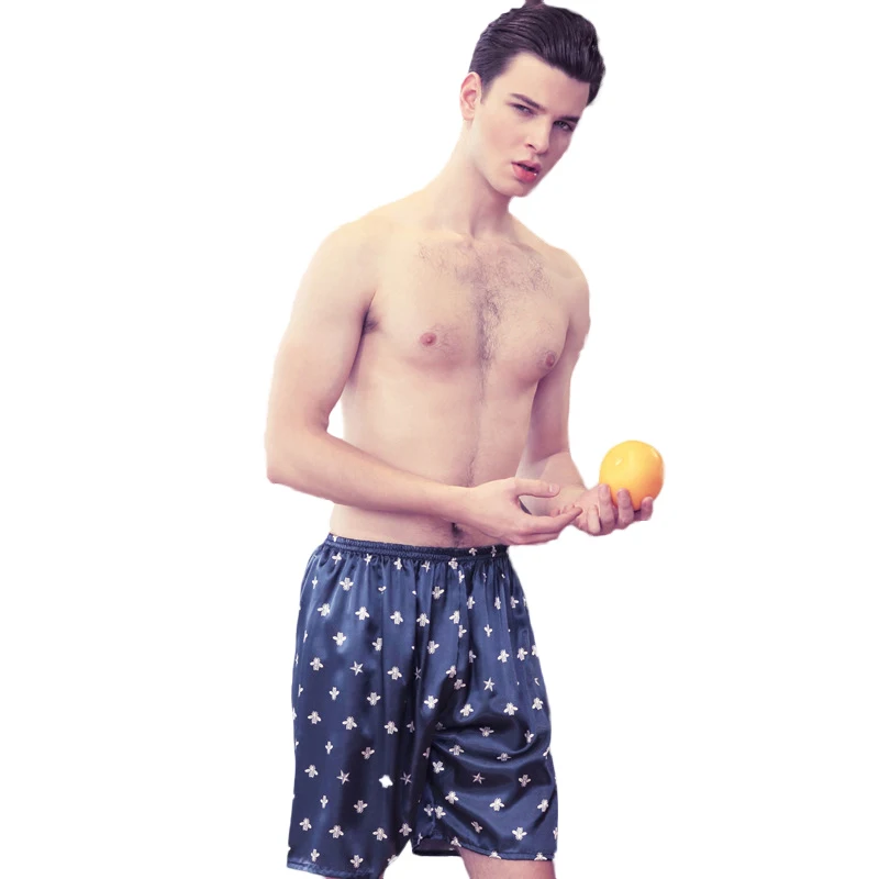 Men Silk Satin Sleep Bottoms Print Sleeping Pants Elastic Waist Home