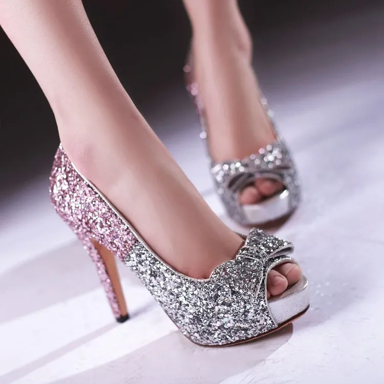 

woman shoes diamond heels Gradient sequins high heels silver bow fish mouth shoes wedding shoes sexy nightclub women's shoes