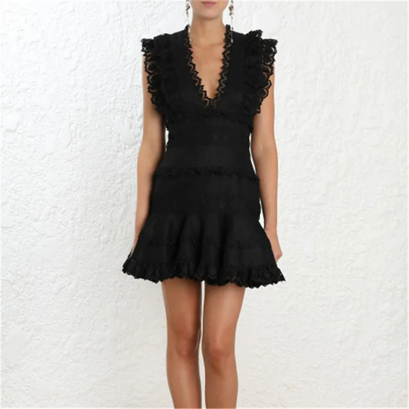 

2019 Spring Summer A Line Lace Patchwork Dress Sleeveless V Neck Mini Dress V Neck Hollow Out Dress X286