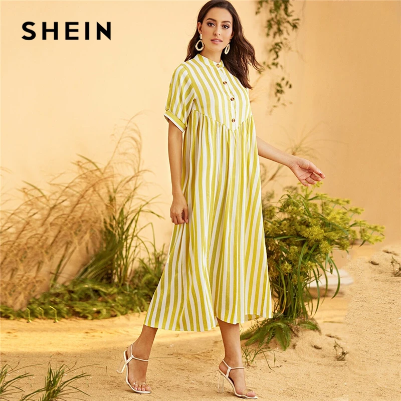 SHEIN, желтое, Полосатое, на пуговицах, половинная планка, макси, скромное платье, женское, лето, Осень, короткий рукав, высокая талия, плиссированные длинные платья