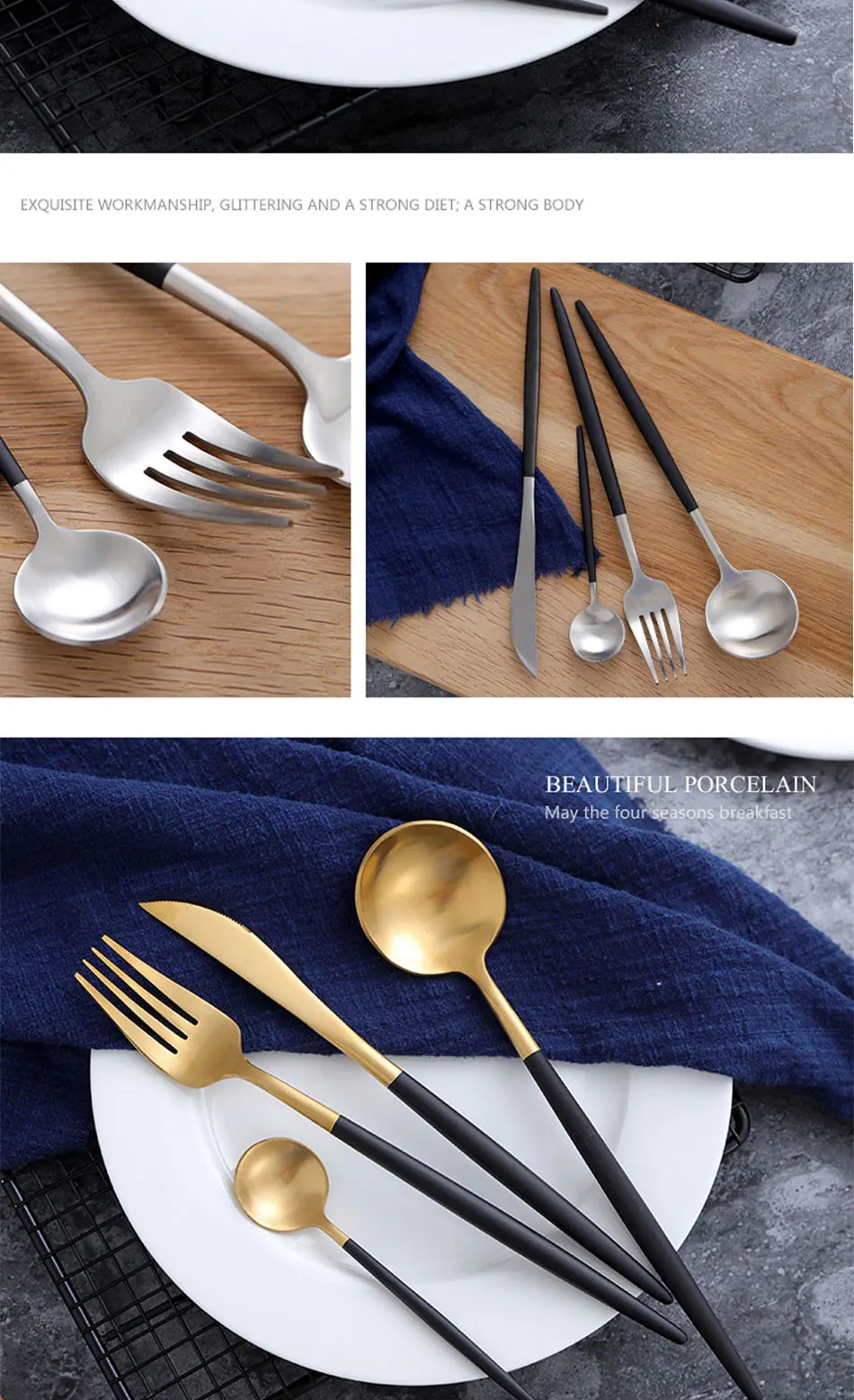 Luxury 304 Stainless Steel Tableware Set Black Rose Gold European Western Food Dinnerware Sets knife Forks Black Cutleries 4pc (9)