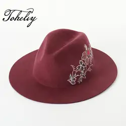 Новые модные осенне-зимние шерсть канотье Flat Top Hat для Для женщин Для мужчин фетровая широкими полями Цветочная вышивка фетровая шляпа