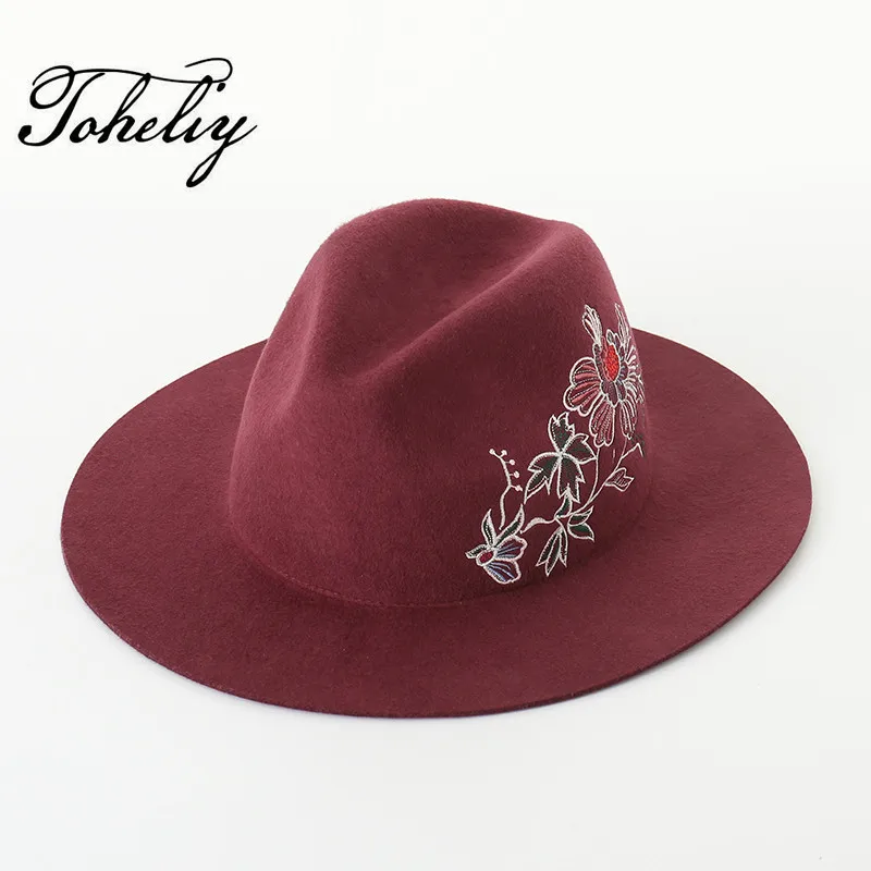 

Autumn winter New Fashion Wool Boater Flat Top Hat For Women's Men's Felt Wide Brim flower embroidery Fedora Hat