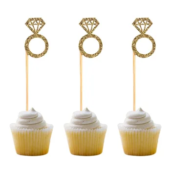 

50 pcs Diamond Ring Cupcake Toppers Gold Glitter Cakes Toppers Marriage Anniversary Birthday Valentines Party Cake Decor