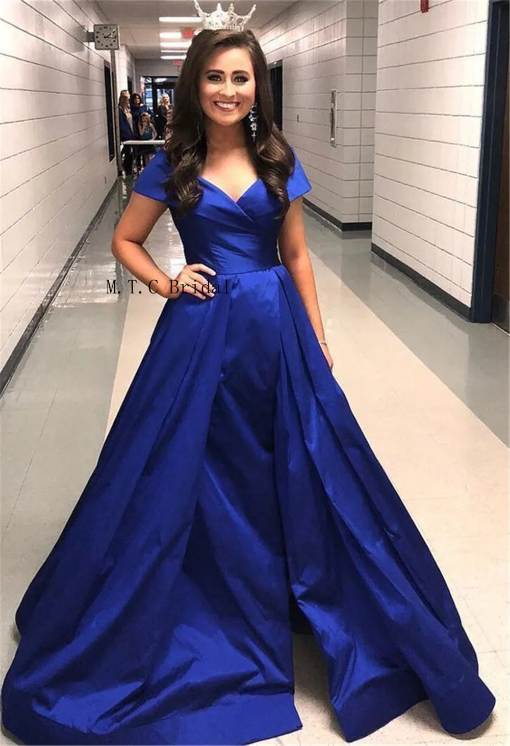 

Elegant Royal Blue Long Prom Dresses Side Split Off The Shoulder Boat Neck A Line Custom Made Formal Occasion Dress Cheap 2019