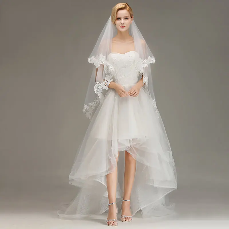 Voile Mariage 1.5M Короткая Фата с Кружевной Кромкой Расческой Двухслойная Вуаль Невесты Дешевые свадебные Аксессуары Veu de Noiva