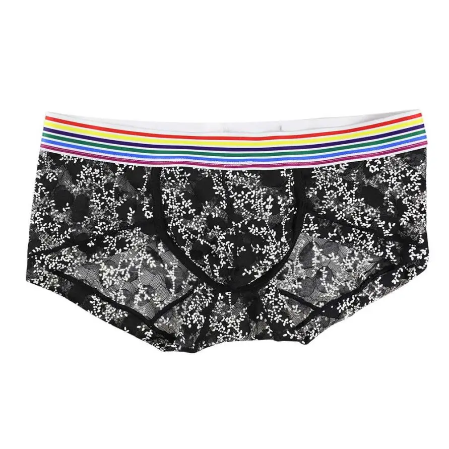 

KLV NEW Arrival Wholesale Men Transparent Underwear Low Waist sexy lace printing Boxers Bulge Pouch Underpants for male