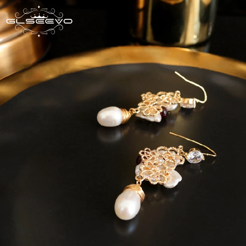 GLSEEVO пресной воды белый Baroque Pearl Drop Earrinhgs для Для женщин Wededing часть подарок Длинные Висячие Серьги Fine Jewelry GE0654
