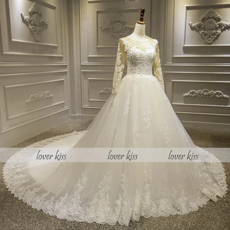 Lover Kiss Vestido de casamento прозрачное свадебное платье с длинными рукавами Роскошный вышитый бисером кружева для невесты свадебные бальные платья Vestido De Noiva