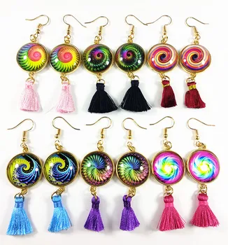 

Jiangzimei 24pairs New Design Colorful Cashew Flower Glass cabochon Ethnic Style Retro Style Tassels Earrings Golden