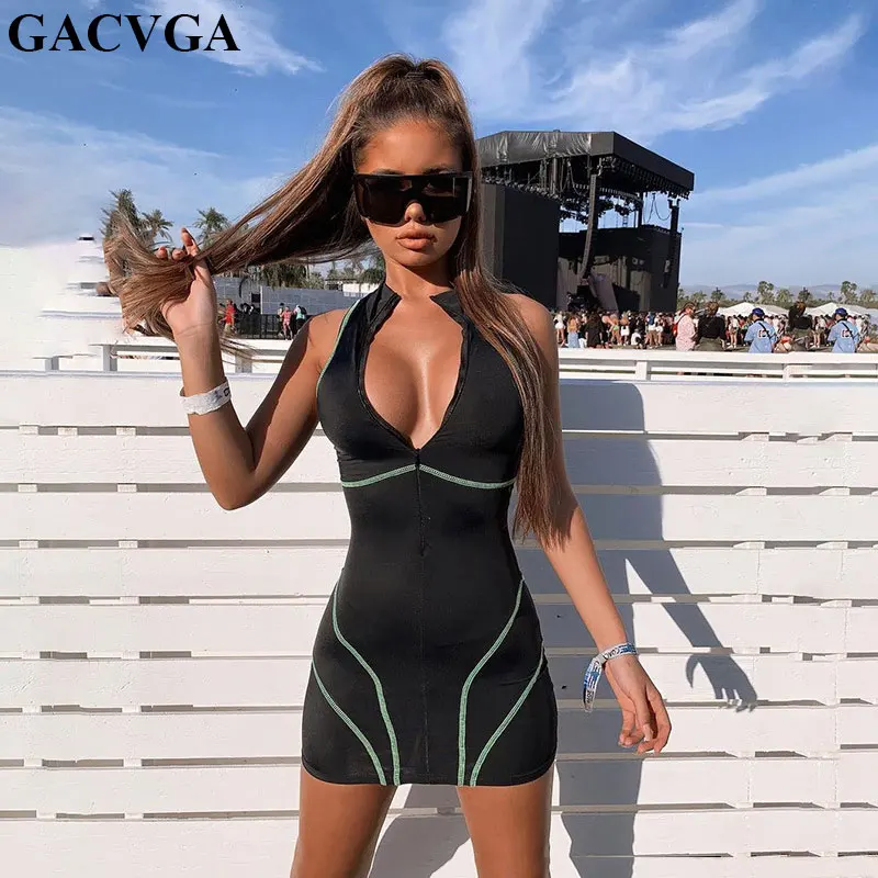 

GACVGA 2019 Streetwear Sexy Bodycon Dress Women Zipper Black Mini Club Party Dress Casual Tank Beach Summer Dress Vestidos