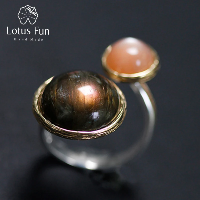 

Lotus Fun Real 925 Sterling Silver Natural Labradorite Moonlight Stone Handmade Fine Jewelry Mysterious lake Rings for female