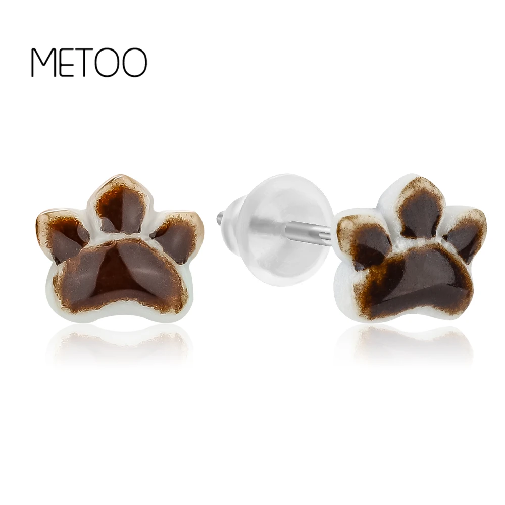 

METOO New Ceramic Earrings Good Quality Cat Paw Studs kids Footprint Pink Stud Bear and Dog Paw Earrings for Women Kids Girl