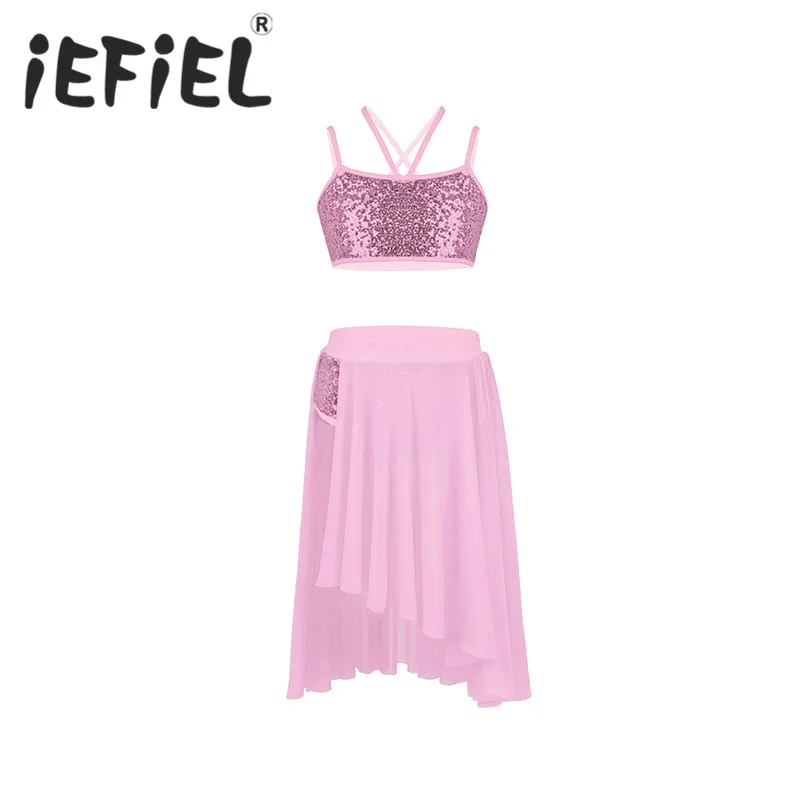 

Kid Girls Sequins Crop Top with Tulle Skirt Set for Latin Lyrical Ballet Dance Stage Performance Dancing Dress Dancewear Clothes