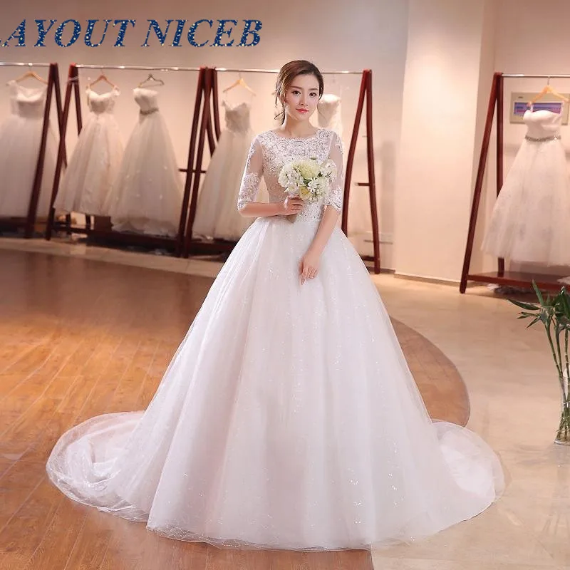 

White Half Sleeve Wedding Dress Long Tail vestido de noiva Embroidered robe de mariee Sequins robes de soirйe De Mariee