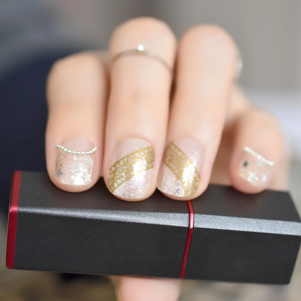 Маленькие короткие овальные накладные ногти, прозрачные блестящие искусственные ногти для украшения в виде звезды, для детей, студентов, Типсы для дизайна ногтей