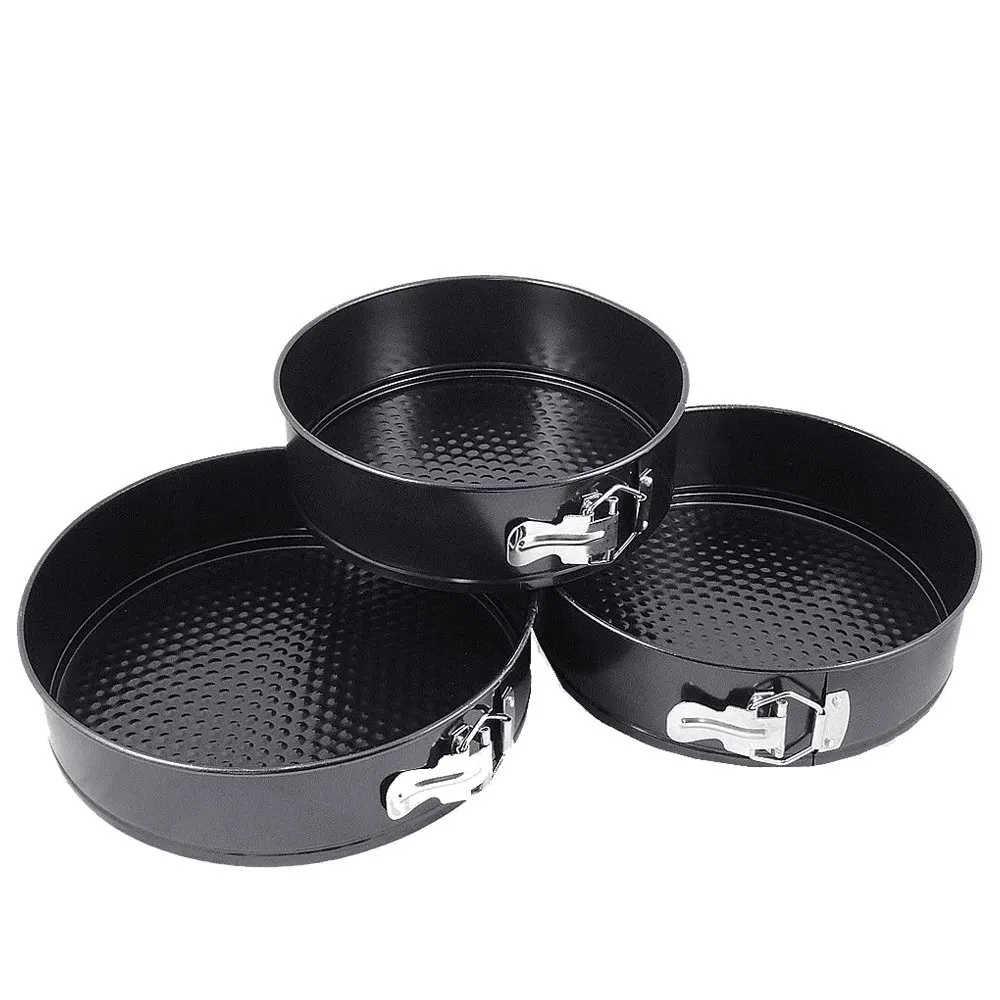 7/8/9 LENAUQ Pack of 3  Black Springform Round Baking Tins Set, Quick-Release Leakproof Cake Pan with Removable Bottom Cake Tins for Baking Non-Stick Cake Tin Set 