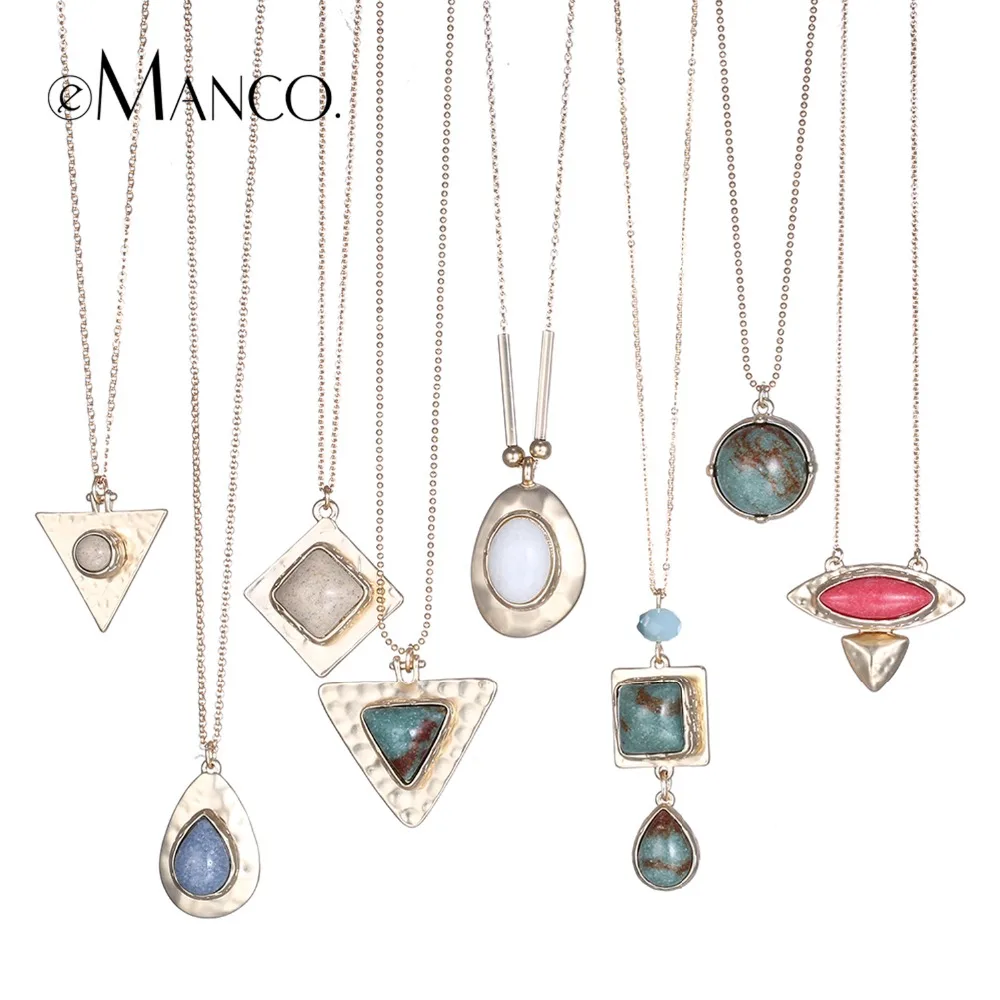 

eManco 8 Color Popular Ethnic Geometric Statement Necklaces & Pendants Women Nature Stone Metal Chain Jewelry