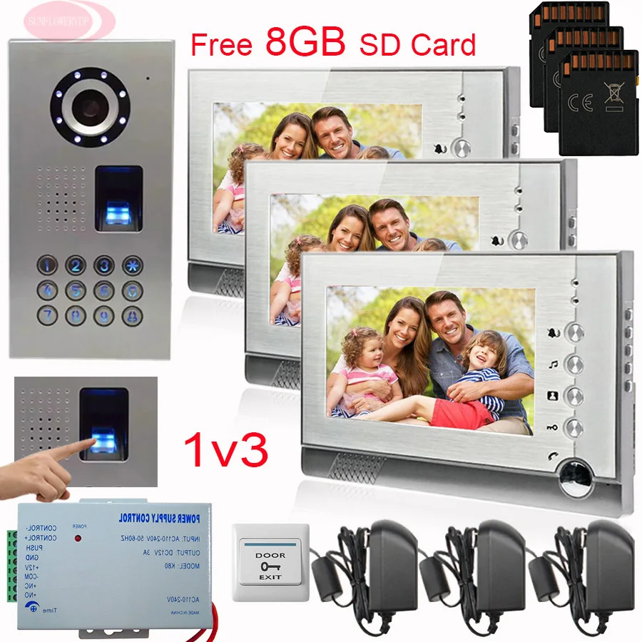 

SUNFLOWERVDP 7'' Video Intercom With Recording Intercom Key IP65 Waterproof Fingerprint/Code Unlock Video Doorphone Systems 1V3