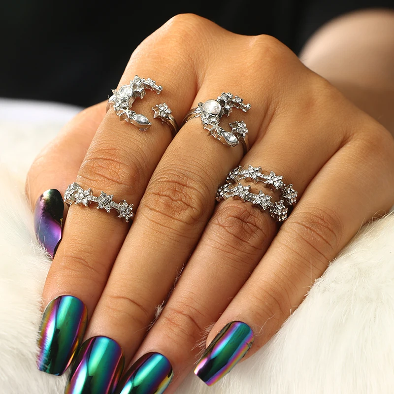 

HuaTang Trendy Shining Crystal Moon Star Ring Set Geometric Simple Style Rings for Women Girl Knuckle Ring Jewelry 6083