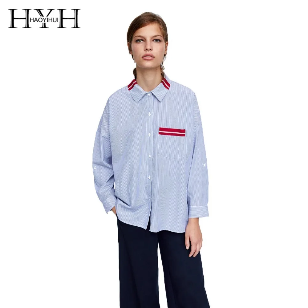 

HYH Haoyihui 2019 New Personality Lapel Coat Chest Contrast Belted Patch Pocket Single-breasted Asymmetrical Hem Striped Shirt