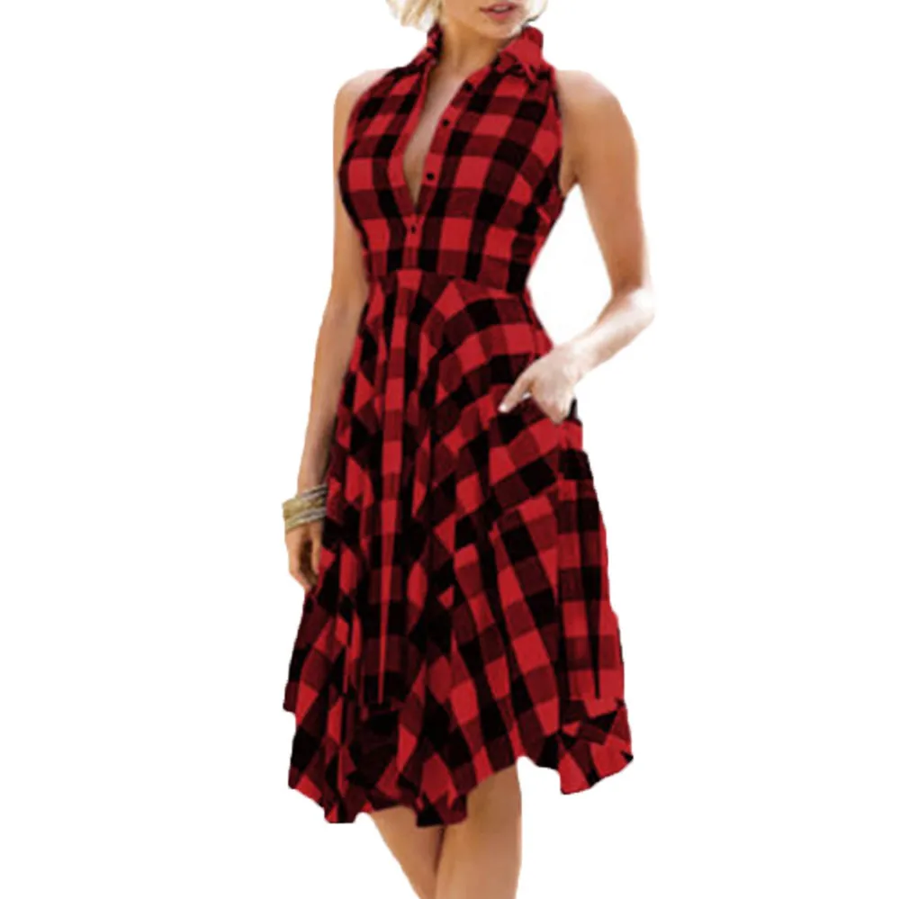 

Womens Dress Women Vintage Plaid Sleeveless Zipper Irregular Hem Evening Party Dress Casual dress
