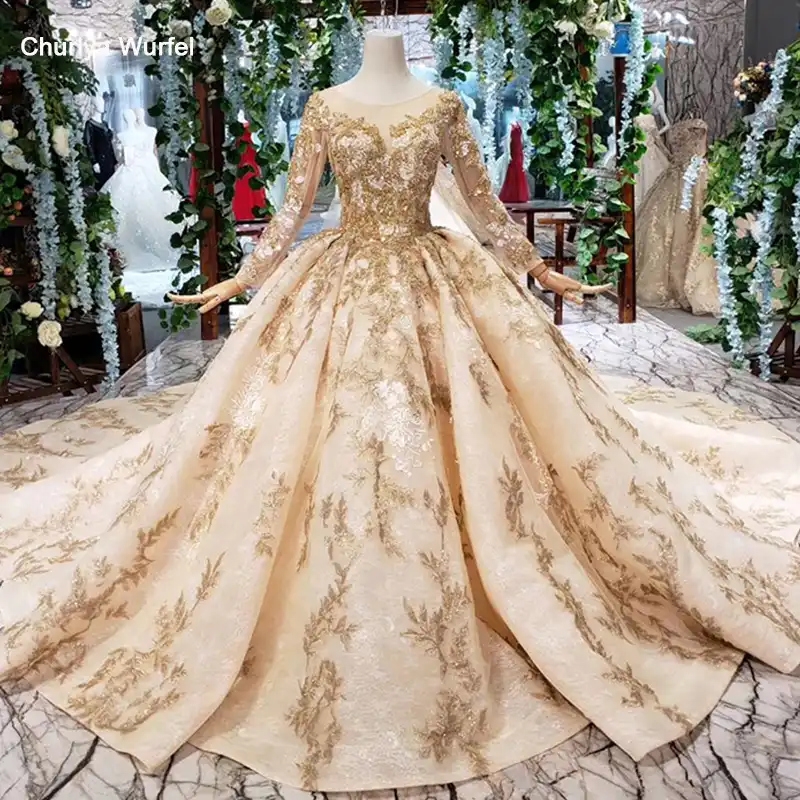 Htl393 Vestido De Novia De Encaje Dorado De Lujo Con Velo De Novia Cuello Redondo De Manga Larga Espalda En V Vestidos De Novia De Estilo Princesa Cuentas Doradas Mariage Aliexpress