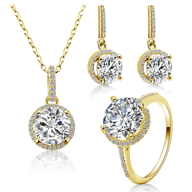 QYI 2,5 ct круглое кольцо с цирконием набор золотых украшений 14 K массивная, желтая, Золотая Halo обручальное свадебное кольцо ювелирный подарок для возлюбленных