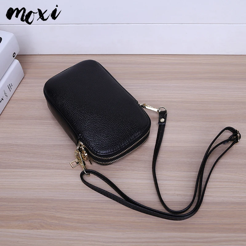 

Moxi Women Mini Bag Genuine Leather Female Messenger Bag Double Zipper Daily Shoulder Phone Bag All-match Crossbody Bag Lady