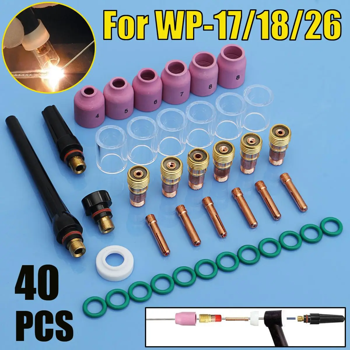 

New 40pcs TIG Welding Torch Collets Body Stubby Gas Lens Welding Machine Accessories Fit for WP-17/18/26