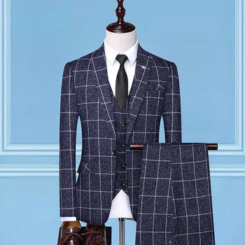 

Mens New Dress Suits Mens Fashion Casual Silm lattice Business Office Wedding Party 3 Piece Suits Blazer With Pants Vest Size3XL