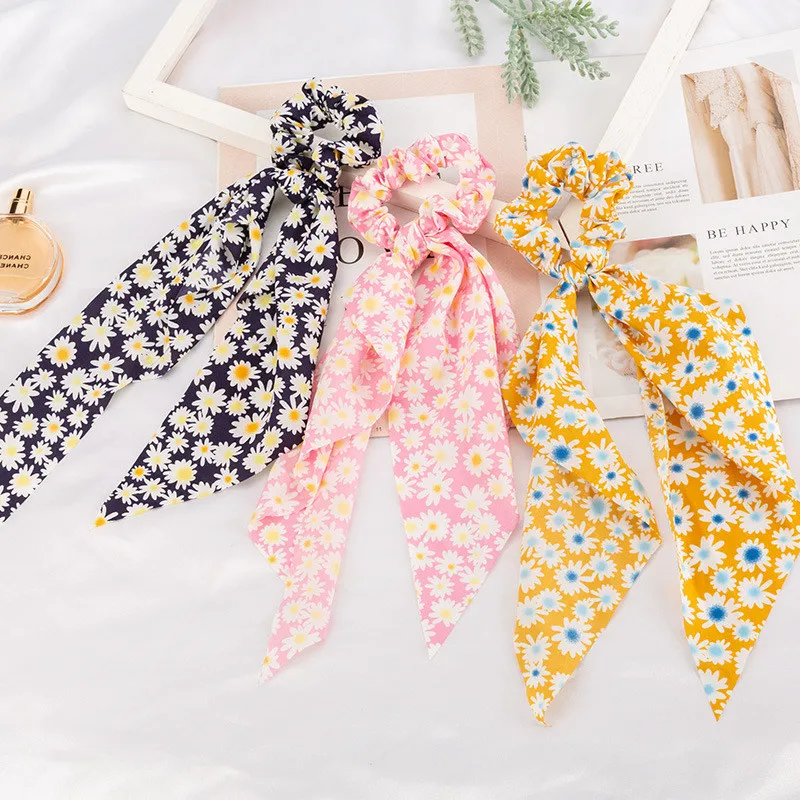 

Free shippping Fashion women vintage daisy printed ribbon hair scrunchies lovely elastic rubber Accessories plaidPonytail Holder