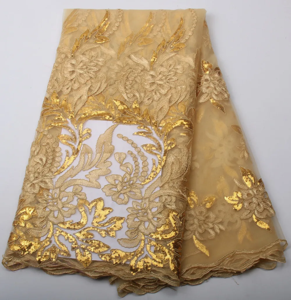 

High quality african french tulle fabric with sequins in gold color, Mest net lace fabric for nigerian asoebi wedding XY298B