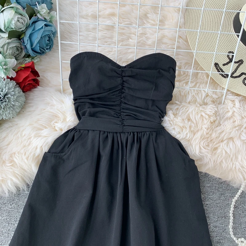 Very fairy dress female new sexy tube top waist off the shoulders solid color long wild dress