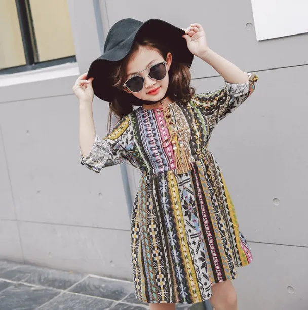 

2-8Y new 2016 spring girls print long sleeve national dress girls princess dress kids party dress children spring clothing