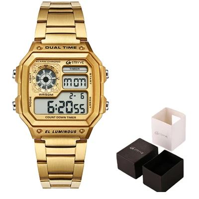 gold with box Stryve мужские спортивные часы счетчик вниз Водонепроницаемый плавать из нержавеющей стали модные цифровые мужские наручные часы Relogio Masculino - Цвет: gold with box