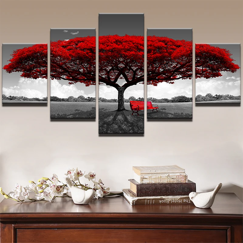 Art mural de peinture d'arbre rouge en 5 pièces