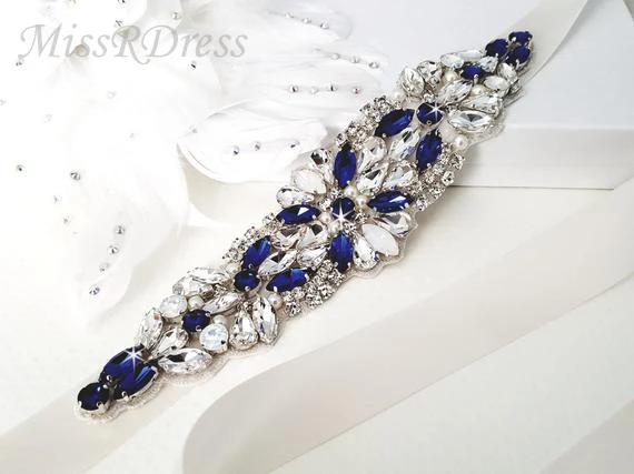 

MissRDress Opal Bridal Belt Royal Blue Crystal Bridal Sash Rhinestones Wedding Belt Sash For Wedding Accessories JK934