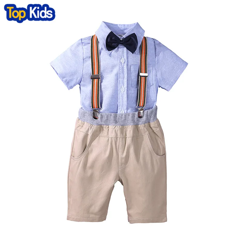 Летняя Детская Костюмы Модный комплект костюм для мальчиков детская одежда хлопок короткий рукав чистая рубашка + шорты на подтяжках 2