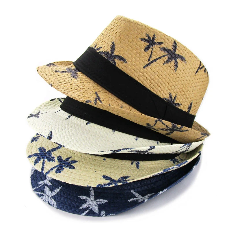 Fashion Unisex Coconut Tree Jazz Straw Hat Kids Trilby panama Hats Women Men Casual Beach Bucket Cap Summer Sunscreen Cap CP0263 (5)