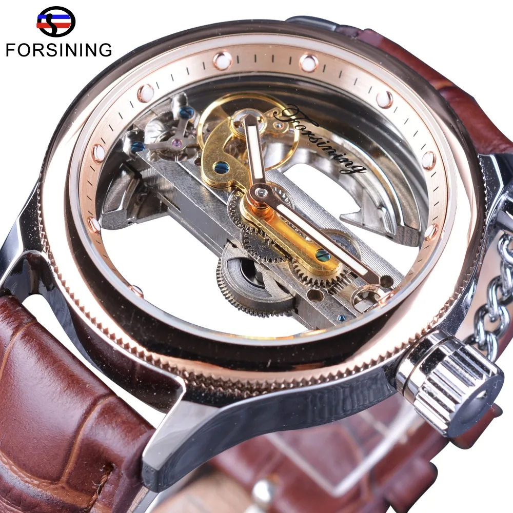 Forsining Rose Golden Bezel Brown Leather Belt Full Transparent Case Men Automatic Skeleton Wrist Watch Top Brand luxury Clock