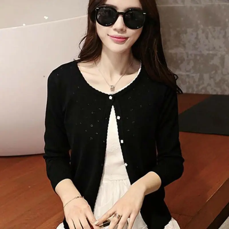 Осень женский тонкий вырез с длинными рукавами кондиционер рубашка пальто кардиган свитер - Цвет: Черный
