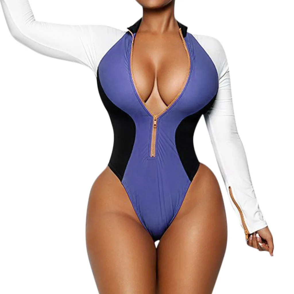 

V-Neck Swimwear Women Zipper Color Matching Long Sleeve Beach Bikini 2019 Jumpsuit Beach Dress Monokini Beach Dress