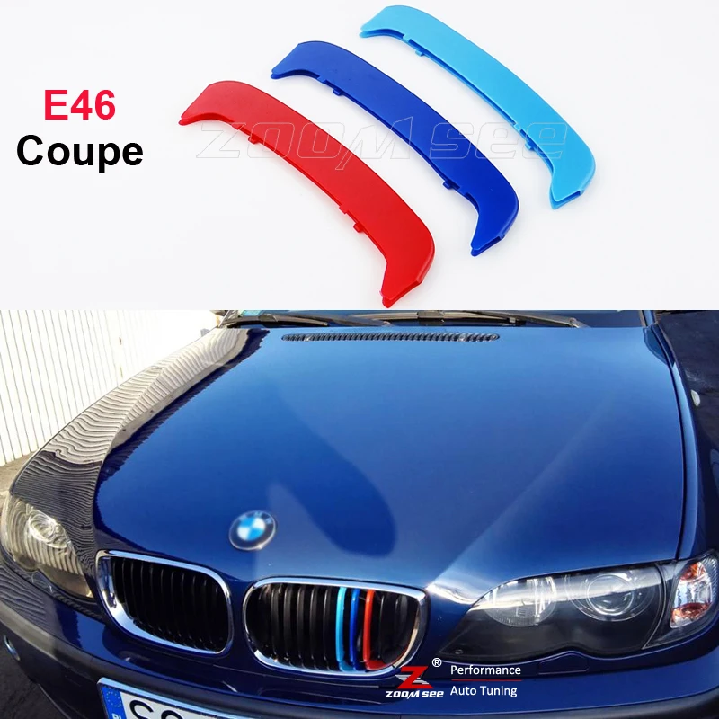 housesweet M Color Insert Trim 3D Front Grille Cover Clip Strips Motor Sports Grill Cover Stickers Decoration for BMW E46 2002-2004 