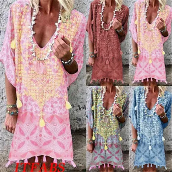 

Women Short Sleeve Summer Bohemian Printed Beach Casual Loose Floral Tassel V-Neck Beach Dress Large Size S M L XL 2XL 3XL