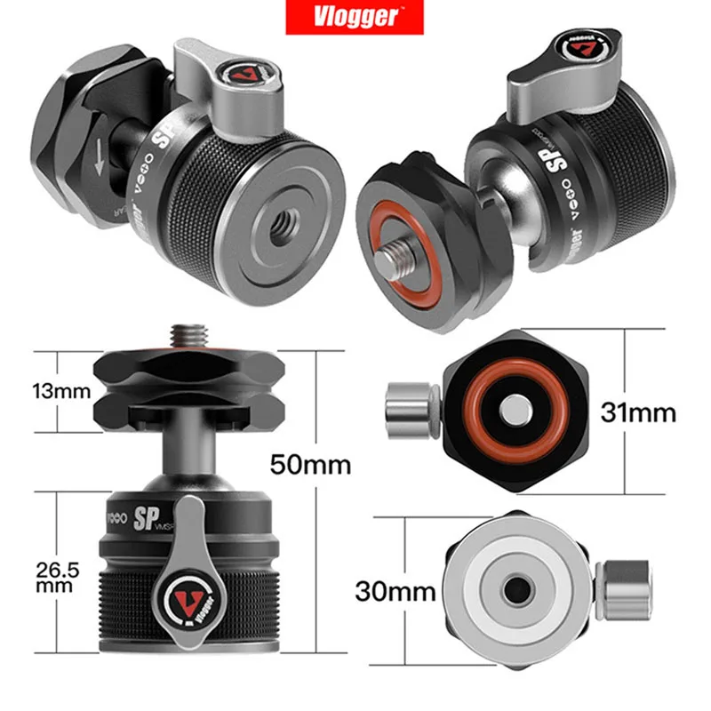 Vlogger Universal Tripod Head Ball with Cold Shoe Mount 1/4 Screw for LED Light Mic Quick Instal Ball Head DSLR Camera Head