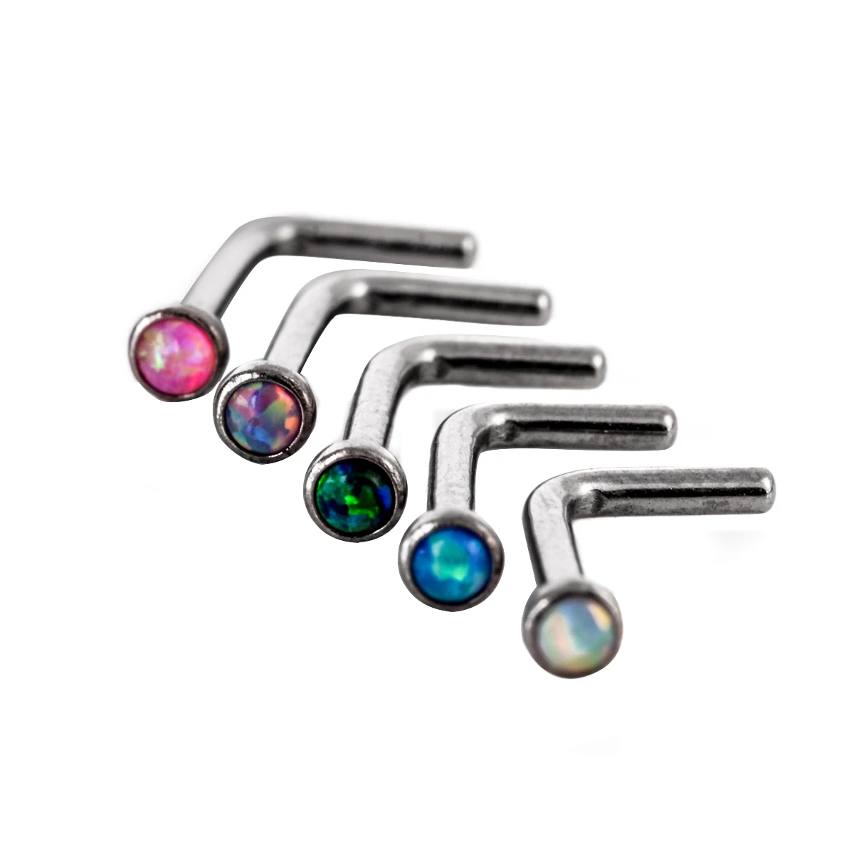 

5pcs Vintage Surgical Steel Nose Ring Fashion Opal Stone L Shaped Nose Stud Ring Mixed 5 Colors Piercing Jewelry Shellhard