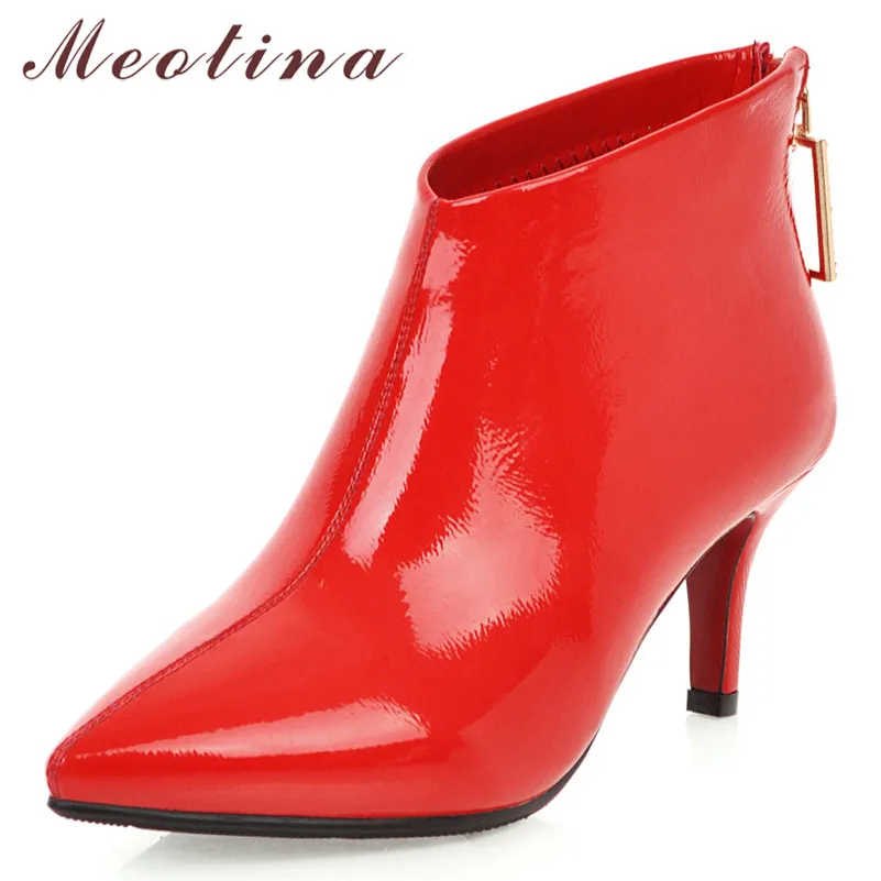 

Meotina Women Fall Ankle Boots Patent Leather Crystal Thin High Heel Short Boots Zipper Pointed Toe Shoes Lady Winter Size 33-43