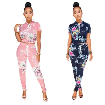 

Women Floral 2Pcs Set Short Sleeves Hooded Crop Top+High Waist Long Pant Two Piece Outfit Casual Clothes